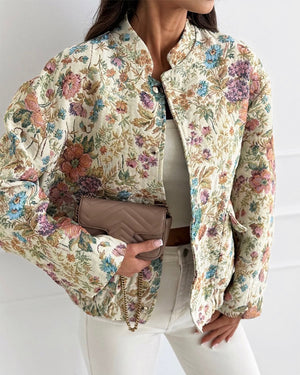 Veste Jacquard florale Vintage pour femmes, manteau élégant à col montant et boutons-pression, coupe ample