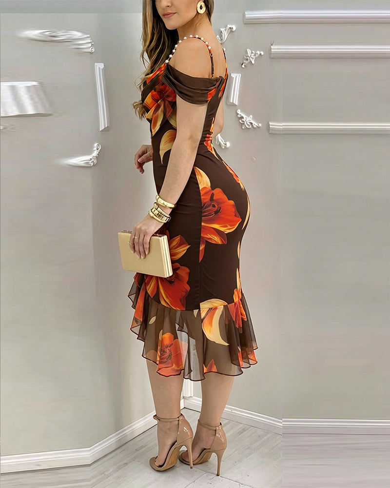 Women's Vintage Floral Print Bodycon Dress Cowl Neck Adjustable Pearls Straps Mermaid Dress Elegant Side Slit Evening Gown