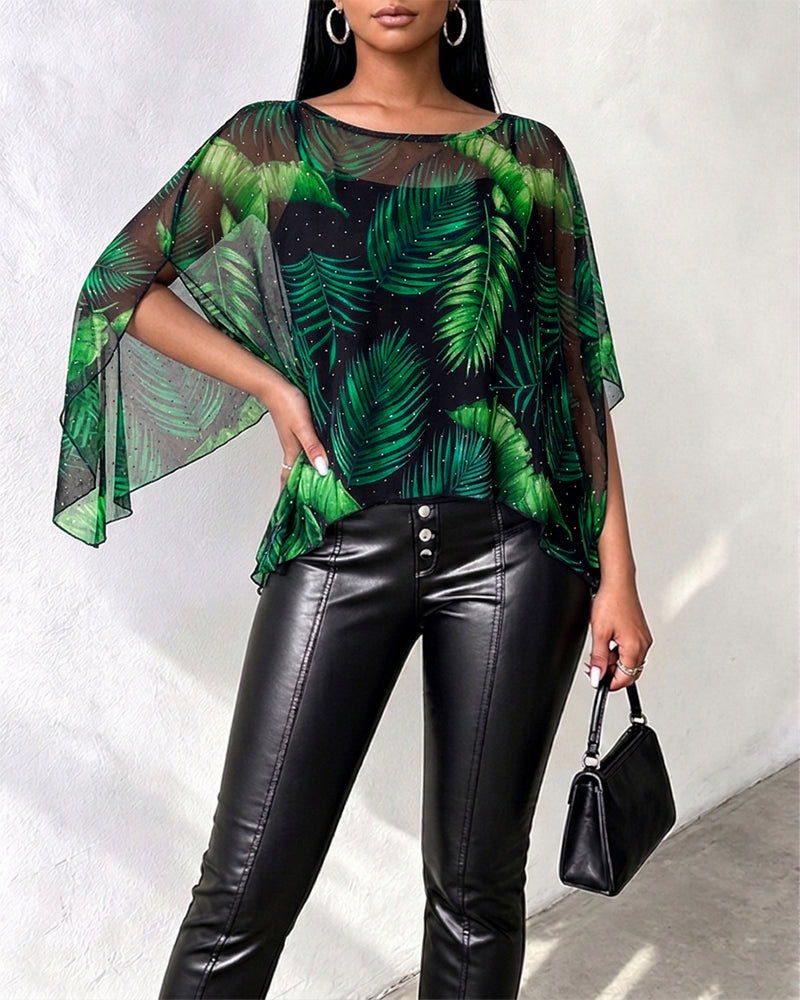 Women's 2 Piece Set Tropical Leaf Print Rhinestone Mesh Split Sleeve Cape with Cami Top