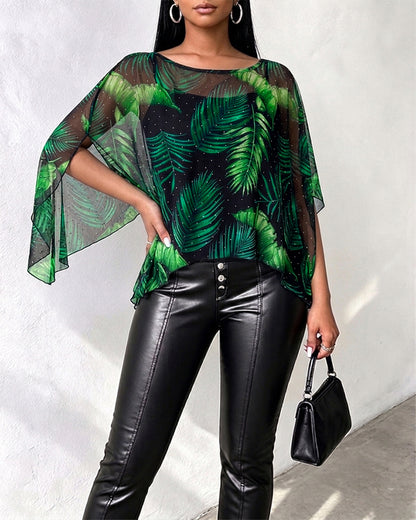 Women's 2 Piece Set Tropical Leaf Print Rhinestone Mesh Split Sleeve Cape with Cami Top