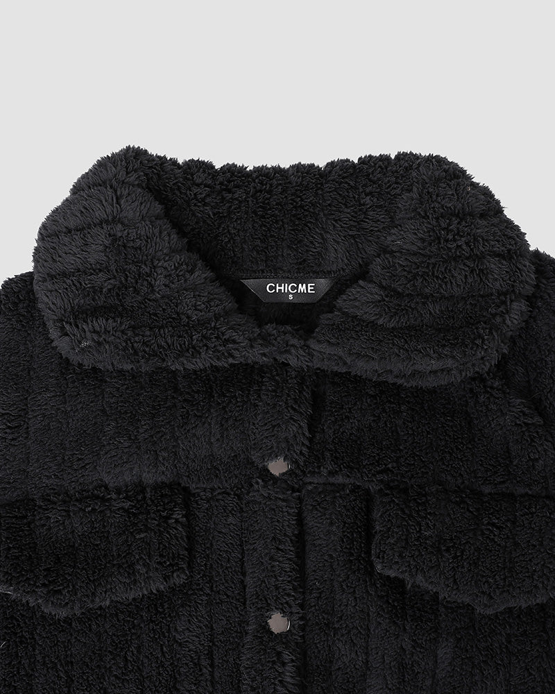 Textured Striped Turn-down Collar Button Front Elastic Cuff and Hem Teddy Fleece Jacket With Decorative Flap Pockets