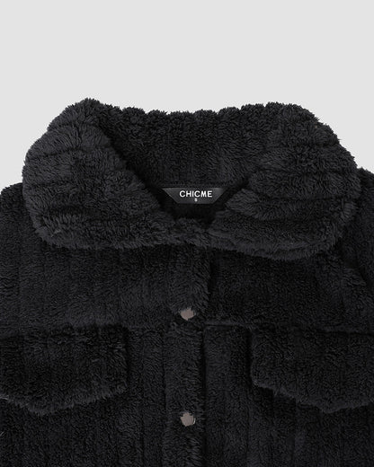 Textured Striped Turn-down Collar Button Front Elastic Cuff and Hem Teddy Fleece Jacket With Decorative Flap Pockets