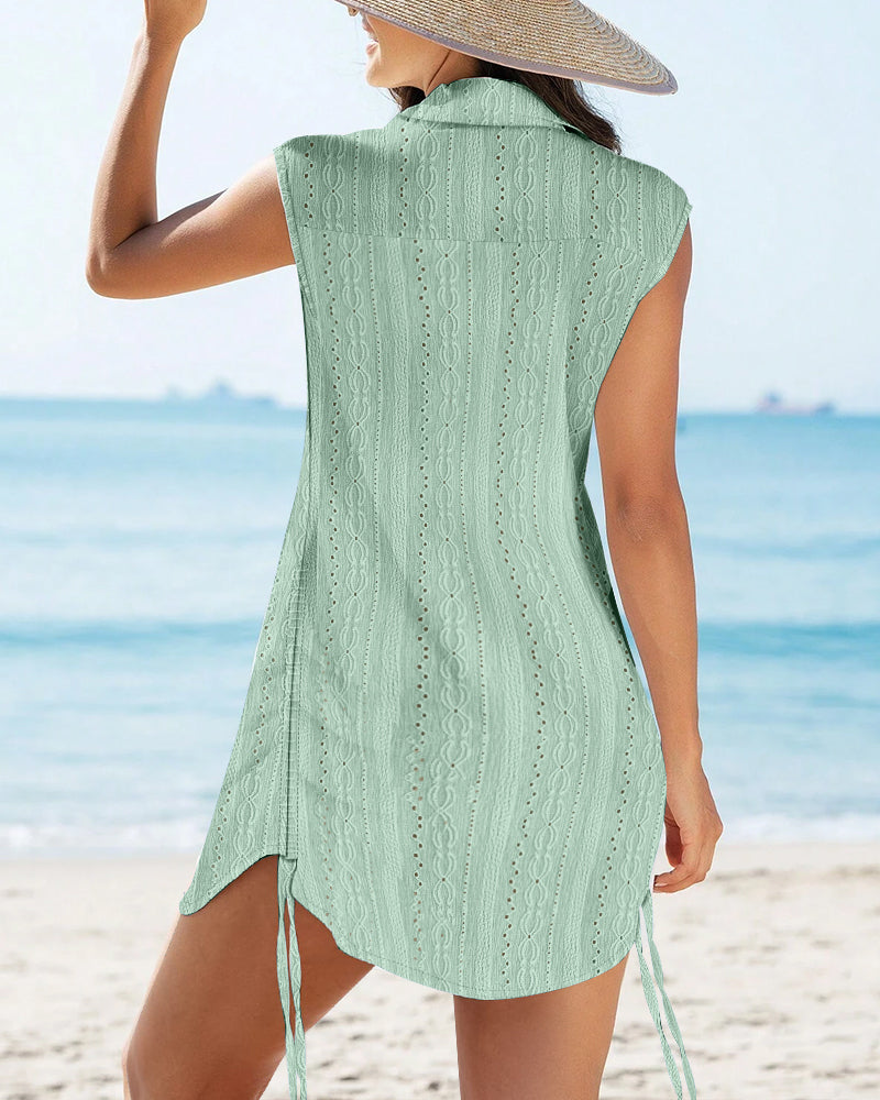 Women's Lapel V Neck Jacquard Beach Cover Up Eyelet Embroidery Cap Sleeve Ruched Drawstring Side Mini Dress
