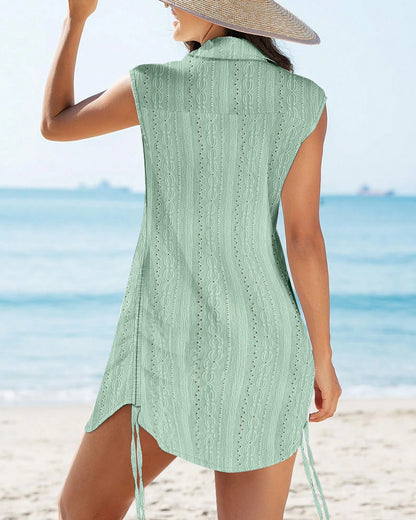 Women's Lapel V Neck Jacquard Beach Cover Up Eyelet Embroidery Cap Sleeve Ruched Drawstring Side Mini Dress