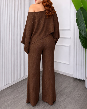 Women's Rhinestone Textured 2 Piece Outfits Loose Crop Top and High Waisted Wide Leg Pants Set Casual Matching Set