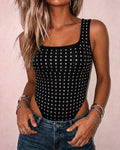 Women's Rhinestone Square Neck Sleeveless Bodysuit Sparkle Slim Fit Bodysuit