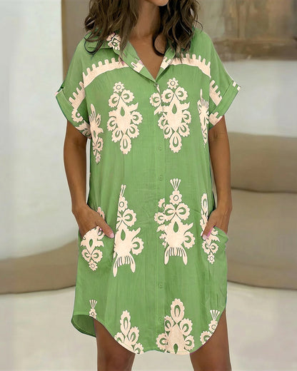 Vintage Baroque Placement Print Turn-down Collar Rolled Cuffs Button Down Shirt Dress Casual Curved Hem Vacation Dress with Pockets