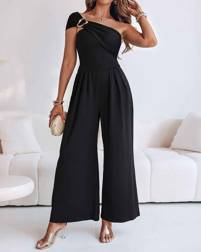 Cold Shoulder Ruched Buckle Wide Leg Jumpsuit