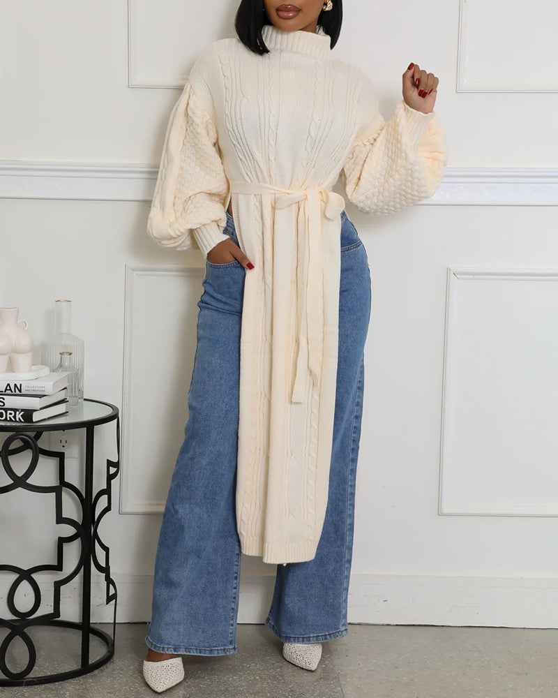 Cable Textured High Neck Lantern Sleeve Bow Tie Waist Sweater Casual High Slit Knit Longline Top