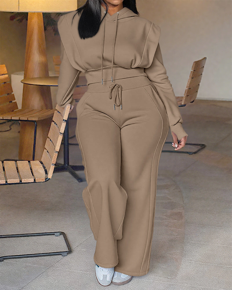 2 Pieces Outfit Long Sleeve Crop Drawstring Hoodie Sweatshirt With Thumb Hole Cuffs And Casual Drawstring Elastic Waist Wide Leg Sweatpants Set