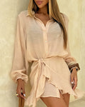 Women's Long Sleeve Shirt Dress Casual Mini Dress Flowy Self-Tie Asymmetric Ruffle Hem Vacation Dress