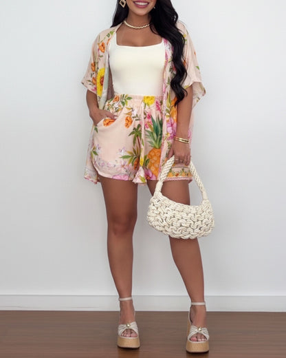 2 Pieces Outfit Open Front Side Slit Cardigan and Elastic Waist Tie Front Shorts Set Casual Floral & Pineapple Print Vacation Set
