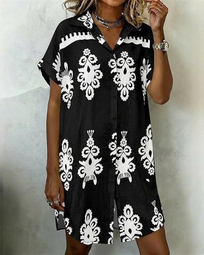 Vintage Baroque Placement Print Turn-down Collar Rolled Cuffs Button Down Shirt Dress Casual Curved Hem Vacation Dress with Pockets