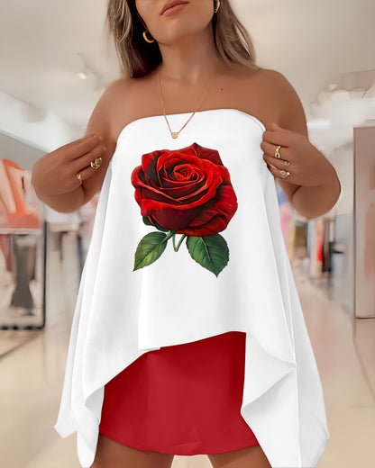 3 Pieces Outfit Floral Print Off Shoulder Split Sleeve Convertible Shoulder Top and Zipper Back Skorts Set with Bandeau