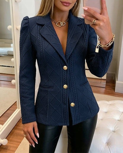 Blazer elegante de mujer con textura de cuadros de rombos, corte entallado, mangas abullonadas y botones dorados, chaqueta de traje para oficina con bolsillos