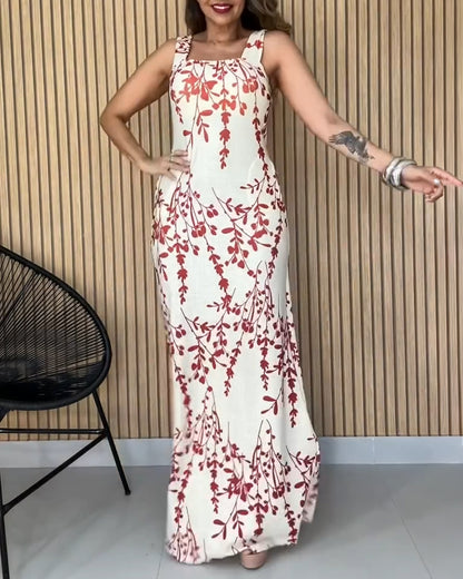 Plants Print Square Neck Thick Strap Slim Fit Maxi Dress Elegant Backless Vacation Dress