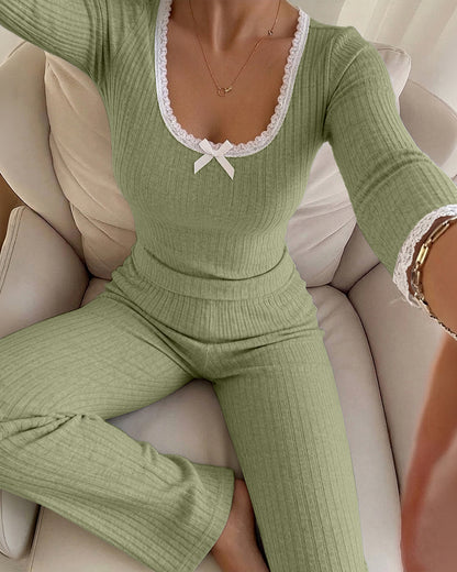 Women's 2 Piece Ribbed Lounge Sets Lace Trim Long Sleeve Top and High Waisted Pants Pajamas Sets with Pockets