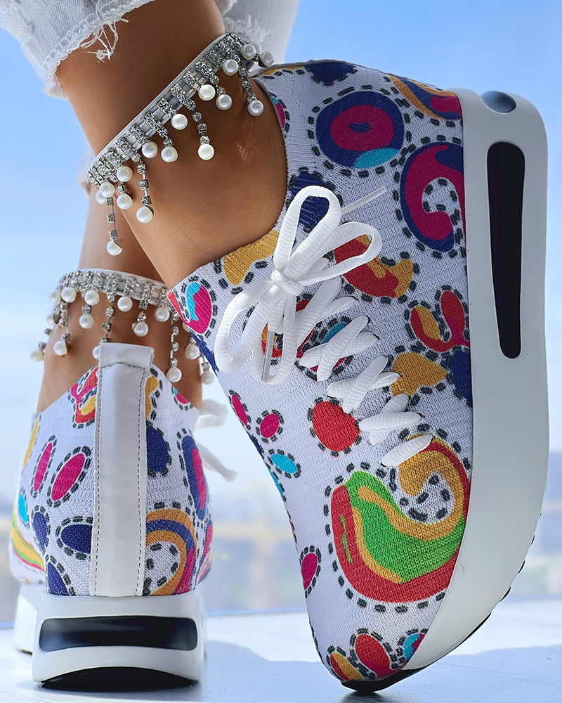 Abstract Print Side Lace-up Casual Wedge Sneakers