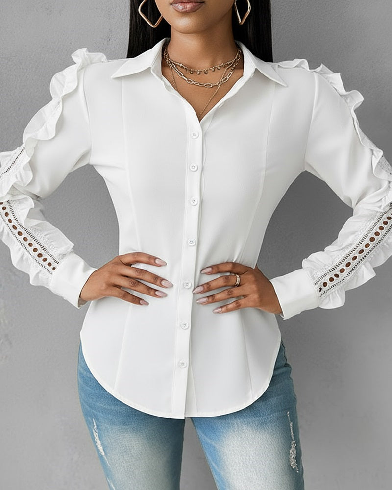 Turn-down Collar Ruffles & Hollow-out Design Long Sleeve Blouse Button Front Asymmetrical Hem Top