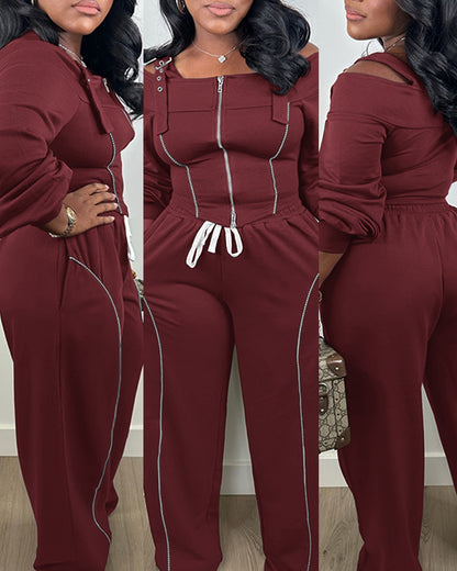 2 Pieces Outfit Trendy Long Sleeve Cold Shoulder Top and Drawstring Waist Pants with Pockets