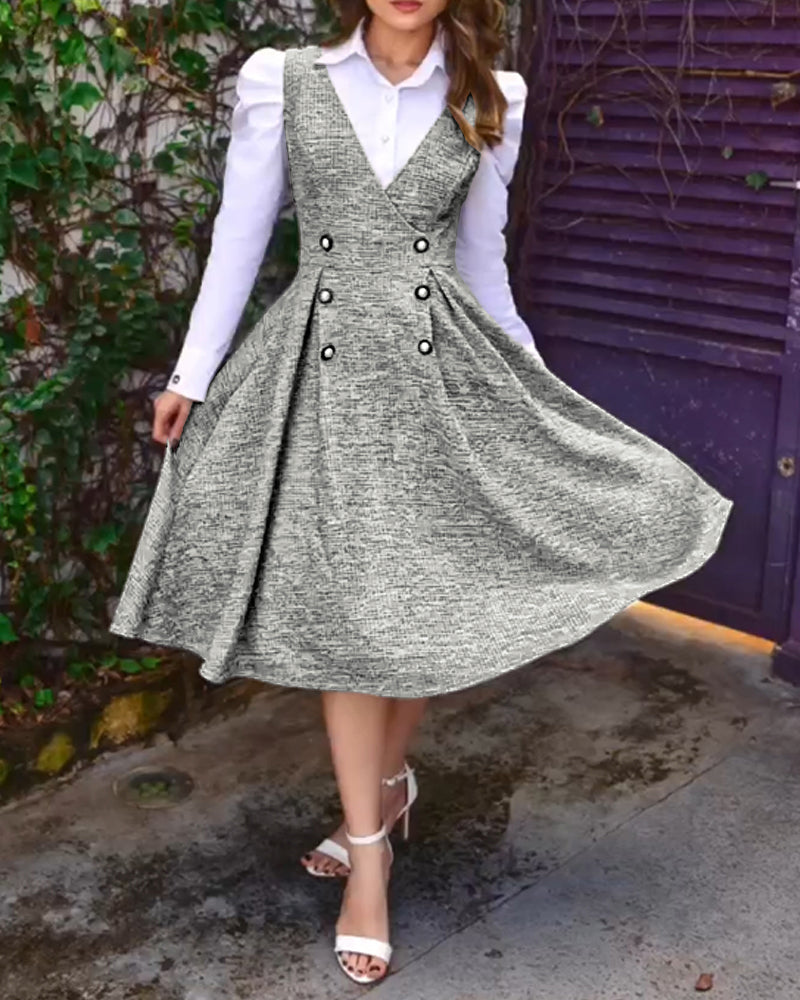 V-Neck Sleeveless Double Breasted Decor A Line Party Dress Causal Ziper Back Peplum Hem Commuting Dress