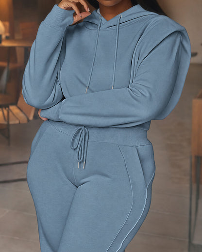 2-teiliges Outfit, langärmliges, kurzes Kapuzenpullover-Sweatshirt mit Kordelzug, Bündchen mit Daumenlöchern und lässigem Jogginghosen-Set mit Kordelzug und elastischer Taille mit weitem Bein 