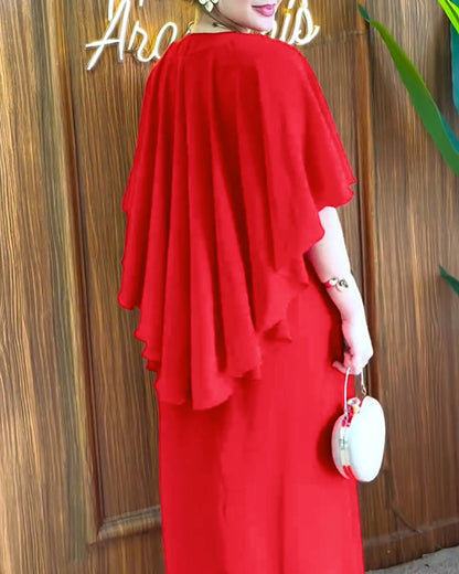 Overlap V-Neck Asymmetrical Ruffles Cape Design Cinched Waist Maxi Dress Elegant Shirred Back Evening Dress without Belt