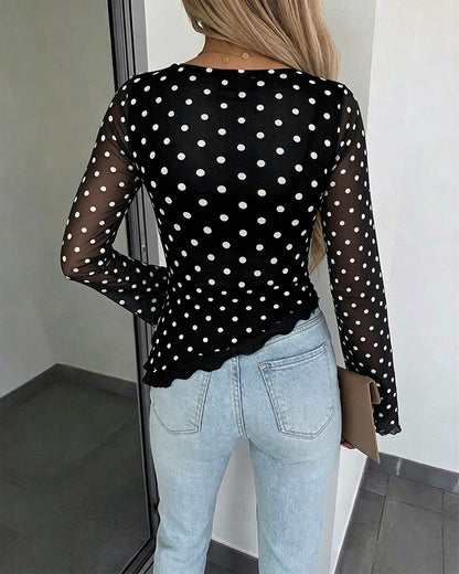 Women's Polka Dot Mesh Top Flare Long Sleeve Boat Neck Lined Asymmetric Frill Hem Blouse Vintage Party Shirt