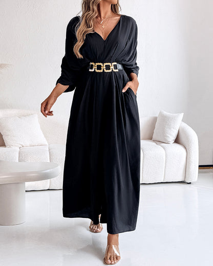 Deep V-Neck Ruched Three Quarters Sleeve Backless Overalls Casual Waist-Gathered Tied Detail Jumpsuit without Belt
