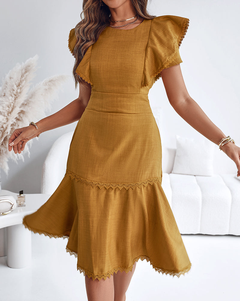 Butterfly Sleeve Hollow-out Back Shirred Work Dress Casual Cinched Waist Lace Trim Ruffle Hem Dress