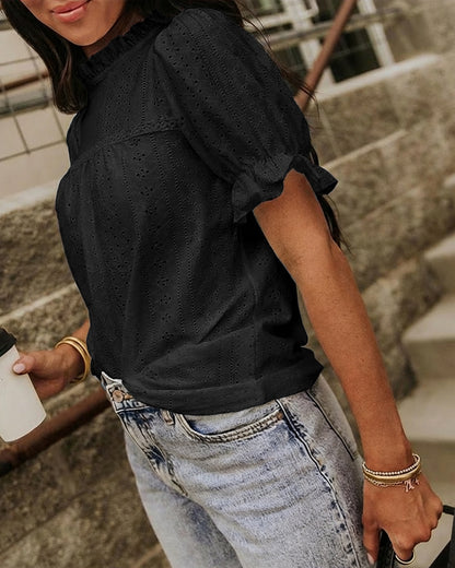 Elegant Frill Hem Stand Collar Puff Sleeve Blouse Casual Hollow Out Embroidery Pullover Top