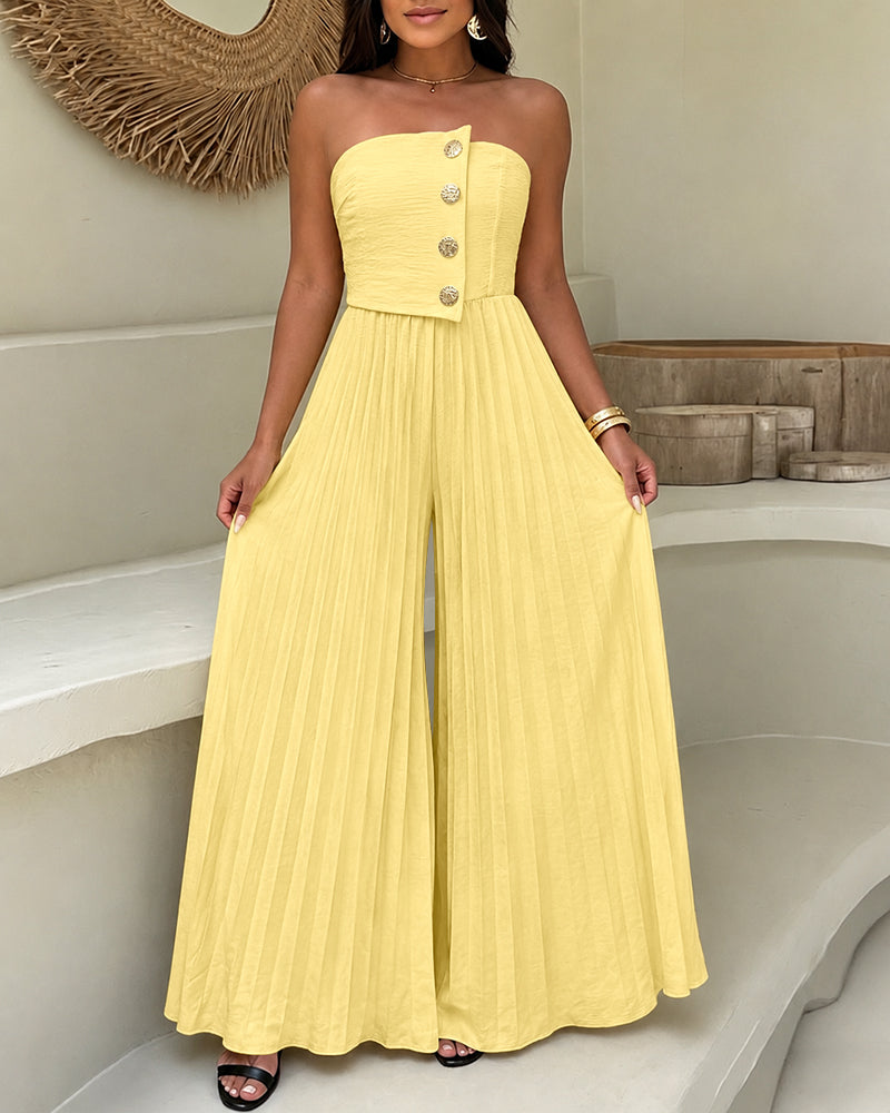 Women's Strapless Jumpsuit Elegant Gold Button Tube Overalls Shirred Pleated High Waisted Wide Leg Jumpsuit with Pockets