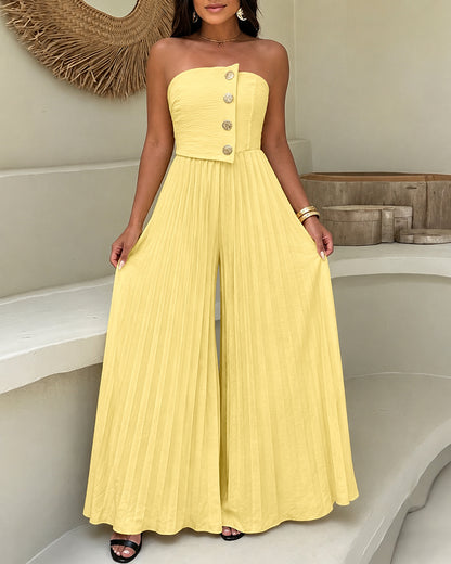 Women's Strapless Jumpsuit Elegant Gold Button Tube Overalls Shirred Pleated High Waisted Wide Leg Jumpsuit with Pockets