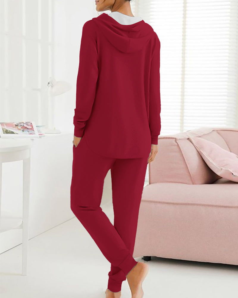 2 Piece Open Front Long Sleeve Hooded Top Drawstring Cuffed Pants Lounge Outfit Tracksuit Set