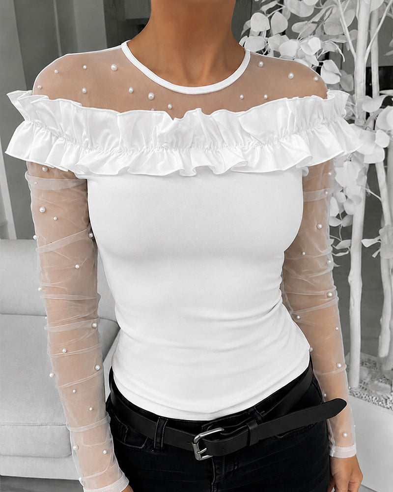 Women's Pearls Sheer Mesh Spliced Long Sleeve Ruffle Slim Fit Top