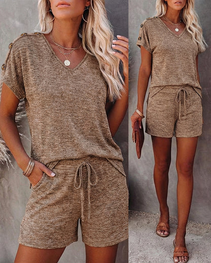 Women's V Neck Short Sleeve Top and Drawstring Shorts Set Casual Loose Fit Loungewear Two Piece Outfit with Pockets