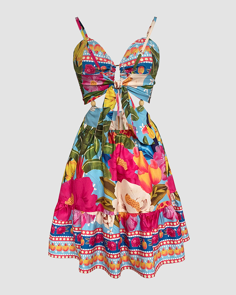 Tropical Print Sweetheart Neck Adjustable Spaghetti Strap Hollow Out Ruffle Hem Dress Casual Backless Tied Detail Cutout Waist Stretchy Back Vacation Dress