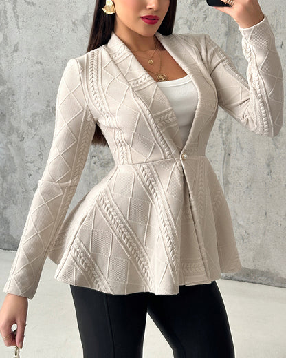 Shawl Collar Cable Textured Single Breasted Ruffle Hem Coat