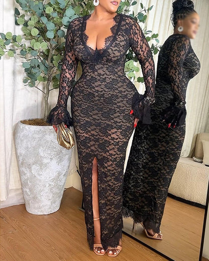 Elegant Lace Plunge V Neckline Long Sleeve Dress Casual Slim Fit Slit Evening Maxi Dress