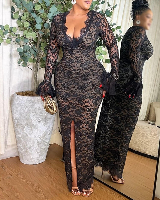 Elegant Lace Plunge V Neckline Long Sleeve Dress Casual Slim Fit Slit Evening Maxi Dress