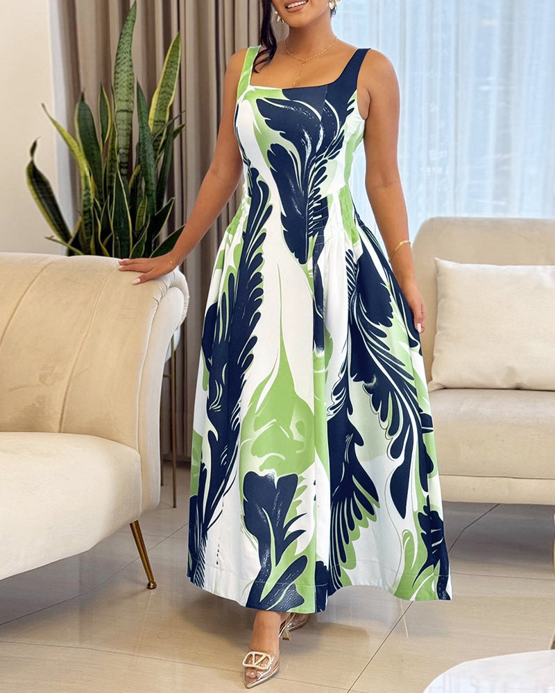 Abstract Print Thick Strap Square Neck Dress Casual Flowy A Line Midi Dress