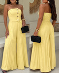 Women's Strapless Jumpsuit Elegant Gold Button Tube Overalls Shirred Pleated High Waisted Wide Leg Jumpsuit with Pockets