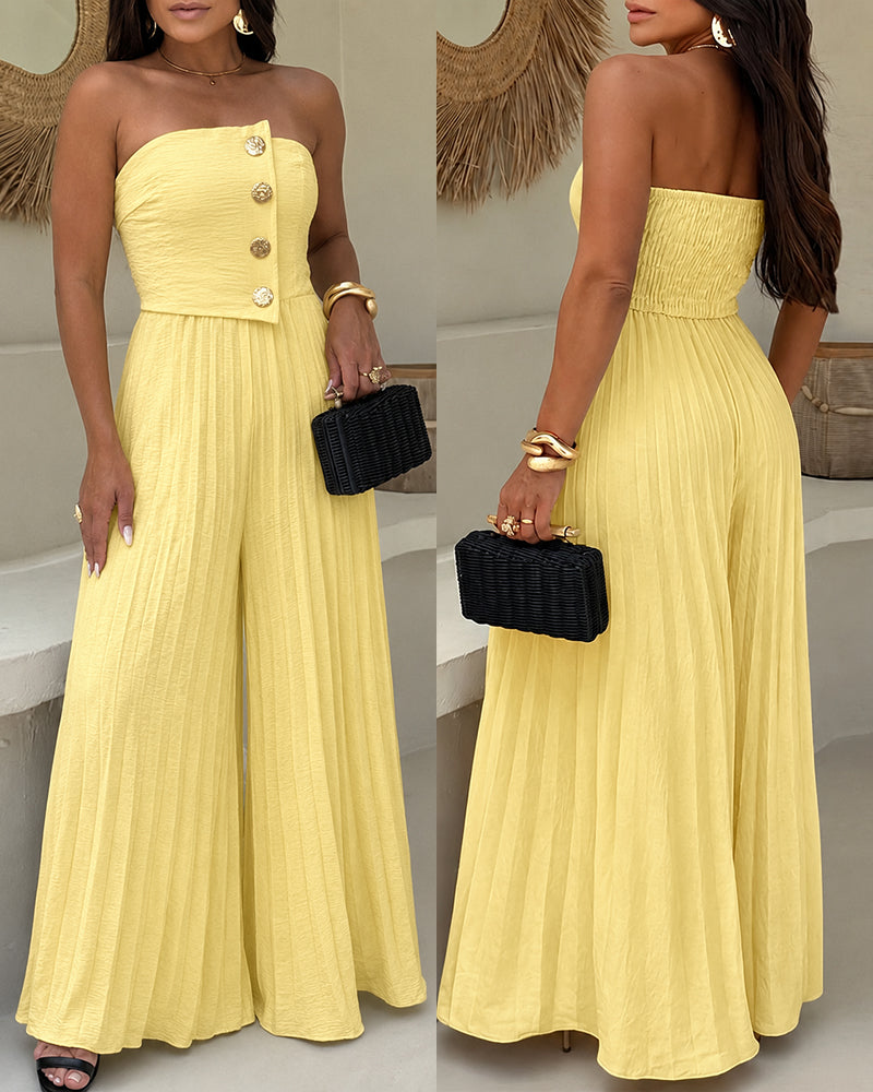 Women's Strapless Jumpsuit Elegant Gold Button Tube Overalls Shirred Pleated High Waisted Wide Leg Jumpsuit with Pockets