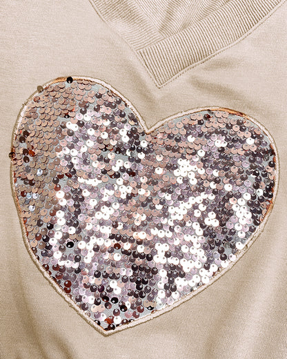 2 Piece Contrast Sequin Heart Pattern V-Neck Sweatshirt Leopard Print Sleeveless Tank Dress Set