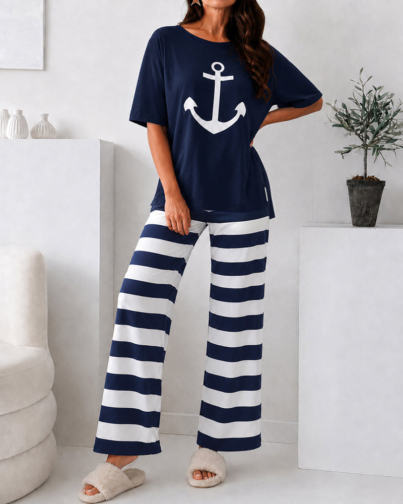 Women's Loungewear Set Anchor Print Side Slit Top and Striped Straight Leg Pants Set Casual Pajamas Set with Pockets