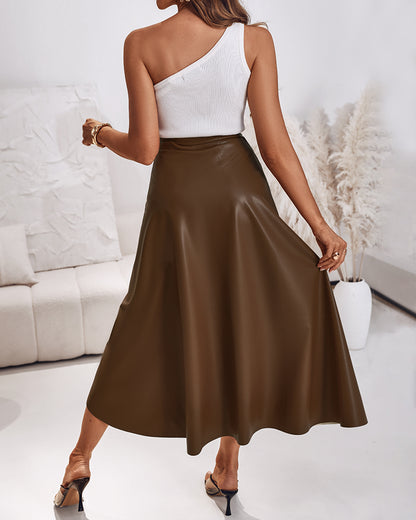 PU Leather Wrap Lace-Up Casual Mid-Length Skirt Work Skirt