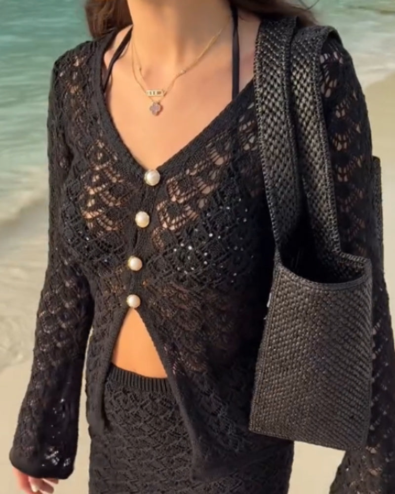 2 Pieces Outfit Deep V Neck Flare Sleeve Half Pearl Button Front Slit Top And Elastic Waist Skirt Set Casual Slim Fit Knit Set