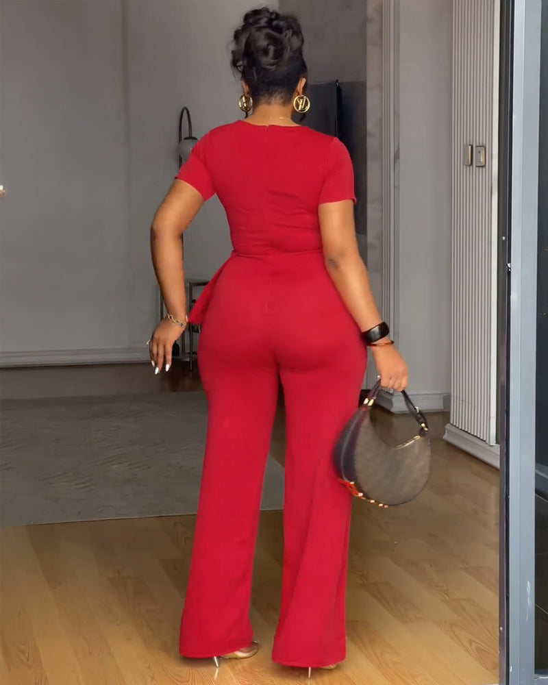 Toggle Button Decor Round Neck Peplum Waist Overalls Casual Zipper Back Wide Leg Jumpsuit