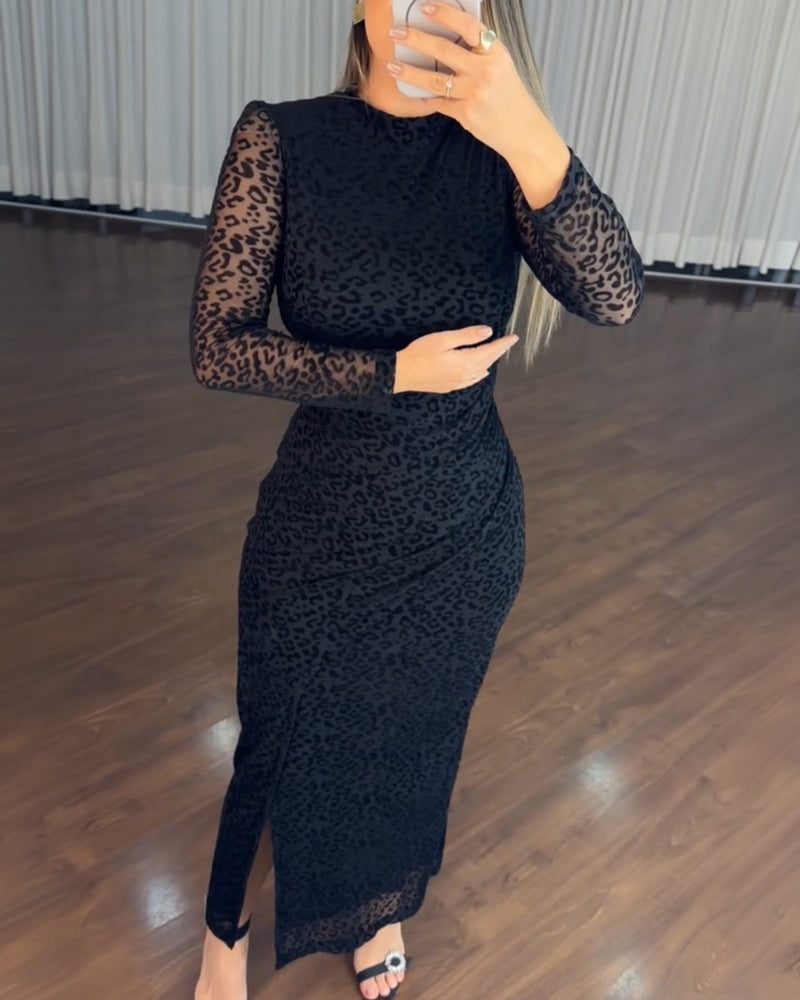 Women's Leopard Mesh Midi Dress Mock Neck Puff Long Sleeve Ruched Bodycon Dress Side Slit Sexy Party Dress