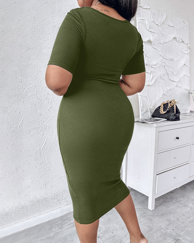 ChicMe Short Sleeve Bodycon Mid-Length Dress Square Neck Slim Fit Dress